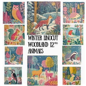 Winter Woodland Creatures Clipart: Rustic Linocut Style Christmas PNG Images (Digital Download)