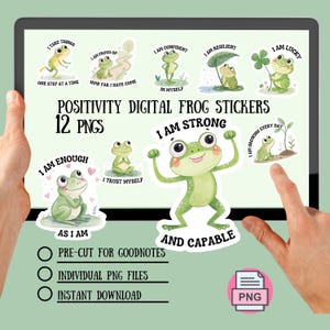 Peut inclure: Douze autocollants numériques de grenouilles avec des affirmations positives. Chaque autocollant présente une grenouille de dessin animé avec un message différent, comme "Je suis fort" et "Je suis assez".