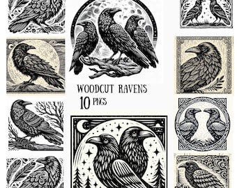 10 Woodcut Raven Clipart PNGs, Vintage Style, High-Resolution Digital Downloads for Crafts, Gothic Ravens, Odin’s Ravens, Horror Ravens