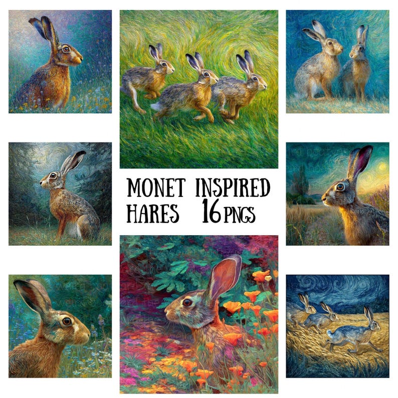 Monet Rabbit Monet Hares PNG Clipart Bundle, Impressionist Rabbit Art (digital ...