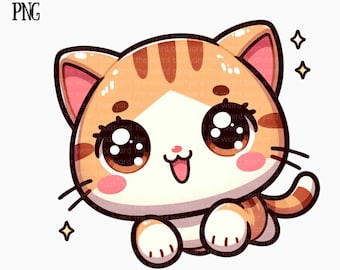 Uroczy kociak kawaii w formacie PNG, przezroczysty plik PNG, natychmiastowe pobieranie cyfrowe, licencja komercyjna, sztuka dla miłośników kawaii, POD, sztuka japońska
