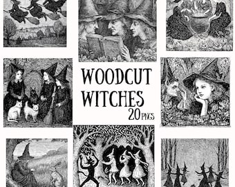 Woodcut Witches Clipart, Vintage Gothic Graphics, Black and White PNG Art