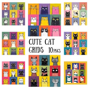 Paquete de imágenes PNG con cuadrículas de gatos caprichosas, ilustraciones coloridas, gráficos para amantes de las mascotas (10 imágenes)