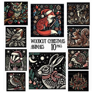 Woodcut Christmas Animals Clipart: Winter Woodland PNG Images (Digital Files)