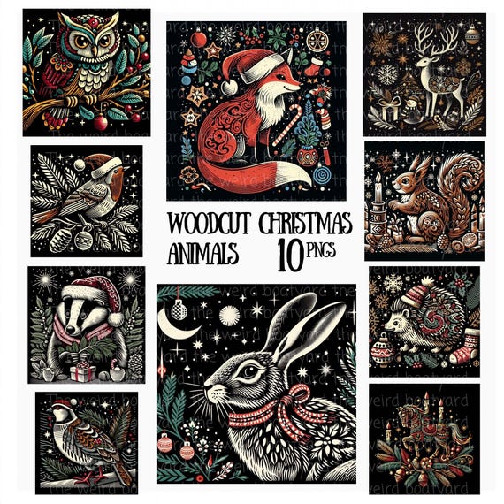 Woodcut Christmas Animals Clipart: Winter Woodland PNG Images (Digital Files)