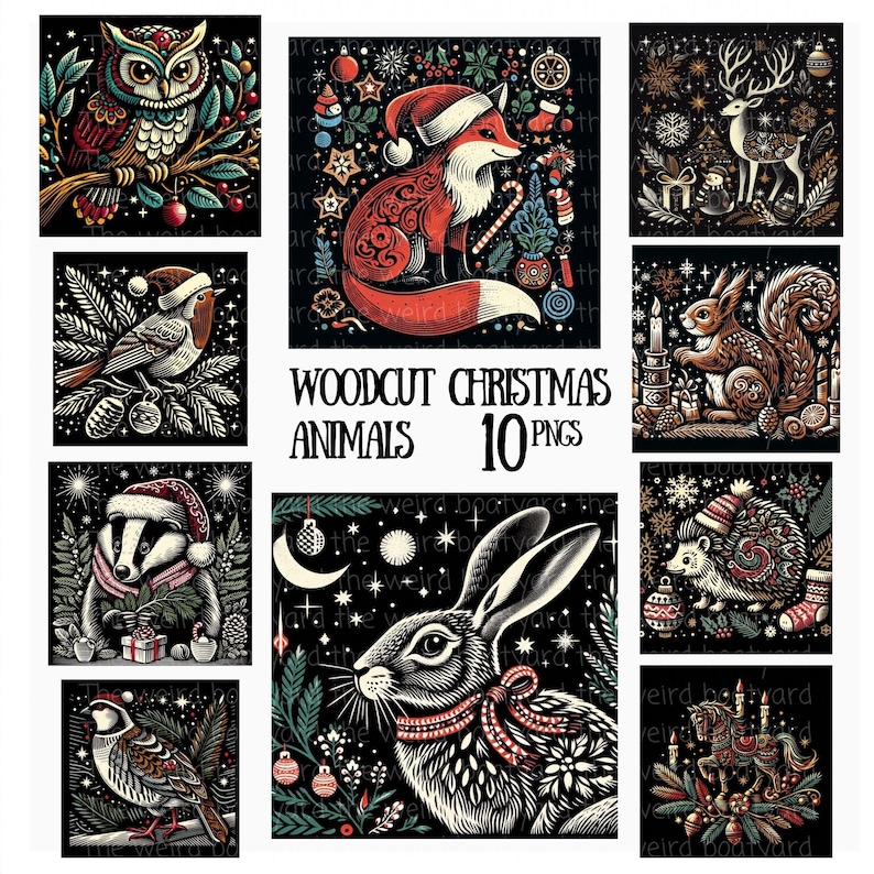 Woodcut Christmas Animals Clipart: Winter Woodland PNG Images (Digital Files) image 1