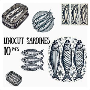 10 Linolschnitt Sardinen Clipart, PNGs mit transparenten Hintergründen, ästhetische Fischerbilder, für Kunsthandwerk und Karten, perfekt für Print on Demand