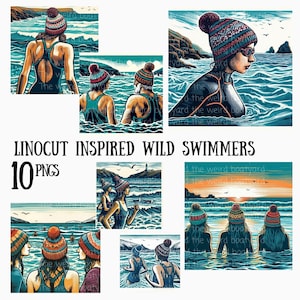 10 wilde Meeresschwimmer im Linolschnitt Stil Clipart, Ozean Schwimmen, Kaltwasser Schwimmen Junk Journal, POD und Decoupage, kommerzielle Lizenz, PNG.