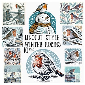 10 rouges-gorges d'hiver de Style linogravure, clipart vintage Robin, oiseau rustique PNG avec un arrière-plan uni, téléchargement numérique de Noël, vacances rouges-gorges