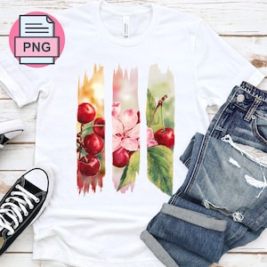 Pincelada de cerezas y flor de cerezo PNG, diseño digital floral y frutal de Sakura para manualidades y sublimación, diseño de camisetas con flores