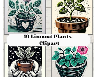 Linocut Plant Clipart: Botanical Nature Art (Digital Download)