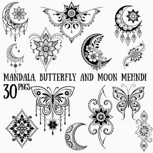 30 PNG con diseños de mehndi para tatuajes de henna, mariposas, mandalas y lunas, estilo bohemio y bodas. Perfectos para tatuajes de henna en manos y pies.