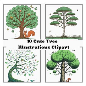 10 schattige geïllustreerde boomclips | Grillige kunst, vogels en eekhoorns | Transparant, direct downloaden | Plakboeken, kaarten, uitnodigingen