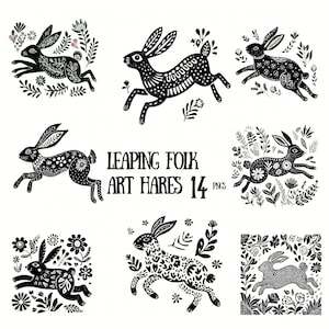 May include: A collection of black and white illustrations featuring leaping hares adorned with floral and geometric designs. The text reads "LEAPING FOLK ART HARES 14 PNGS". Ideal for craft projects.