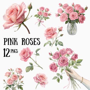 Aquarell rosa Rosen Clipart: 12 Floral PNGs für Hochzeit Designs (digitaler Download)