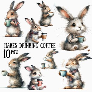 May include: Ten digital illustrations of hares drinking coffee. The hares are depicted in various poses, some sitting, some standing, and some holding mugs of coffee. The illustrations are done in a watercolor style and have a whimsical feel.