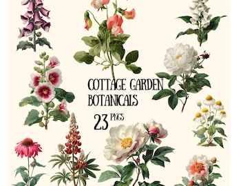23 Cottage Garden Botanical Flowers, Vintage Inspired Clipart PNGs