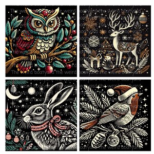 Woodcut Christmas Animals Clipart: Winter Woodland PNG Images (Digital Files) image 4
