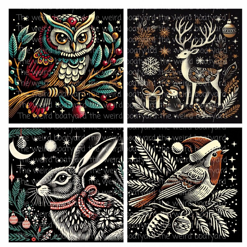 Woodcut Christmas Animals Clipart: Winter Woodland PNG Images (Digital Files) image 4