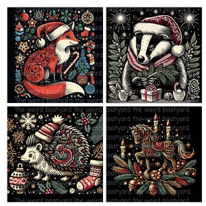 Woodcut Christmas Animals Clipart: Winter Woodland PNG Images (Digital Files) image 3