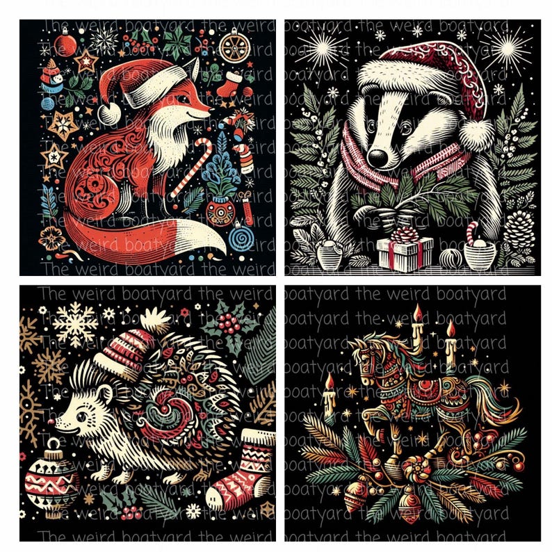 Woodcut Christmas Animals Clipart: Winter Woodland PNG Images (Digital Files) image 3