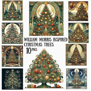 10 PNG d'inspiration William Morris pour arbre de Noël, illustrations d'arts numériques et d'artisanat, pack de cliparts vacances Art déco William Morris