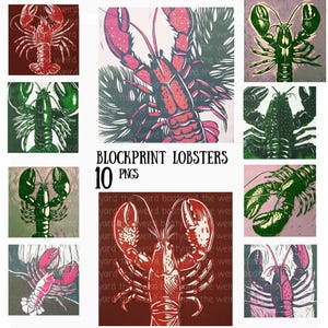 10 cliparts homard Style Blockprint, homard nautique PNGs, art numérique créature de la mer, ensemble d'illustrations côtières, ensemble graphique océan