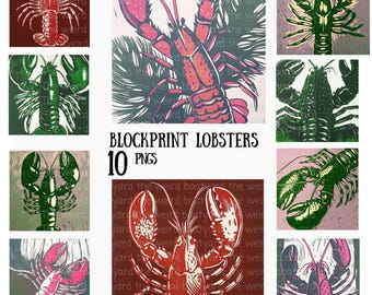 Blockprint Lobster Clipart: Coastal Nautical PNG Graphics (Digital Download)
