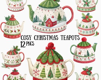 Clipart théière de Noël : images PNG de théière de vacances aquarelle (téléchargement numérique)