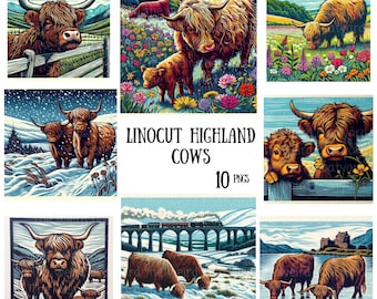 10 Linocut Highland Cow Images: Rustic Scottish Clipart (Digital Download)