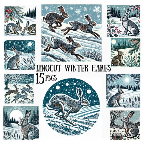 Clipart Lièvre d'hiver linogravure : images PNG de Noël rustique (téléchargement numérique)