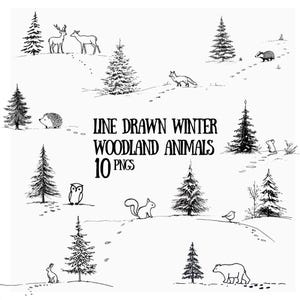 Animaux de la forêt d'hiver dessinés au trait PNG, 10 illustrations d'animaux de la forêt, clipart noir et blanc pour travaux manuels de Noël