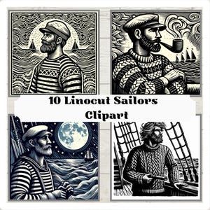 Ensemble de 10 cliparts de marins de Style linogravure traditionnel, art nautique de l'ère de la voile, Ganseys des Maritimes vintage, imprimable, esthétique pêcheur