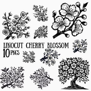 10 PNG de flores de cerezo, imágenes prediseñadas de estilo linograbado, descarga digital floral en blanco y negro, arte de flores de sakura, descarga instantánea, arte de flores
