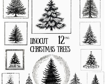 12 Linocut Christmas Tree PNGs, Black and White Holiday Trees (Digital Download)