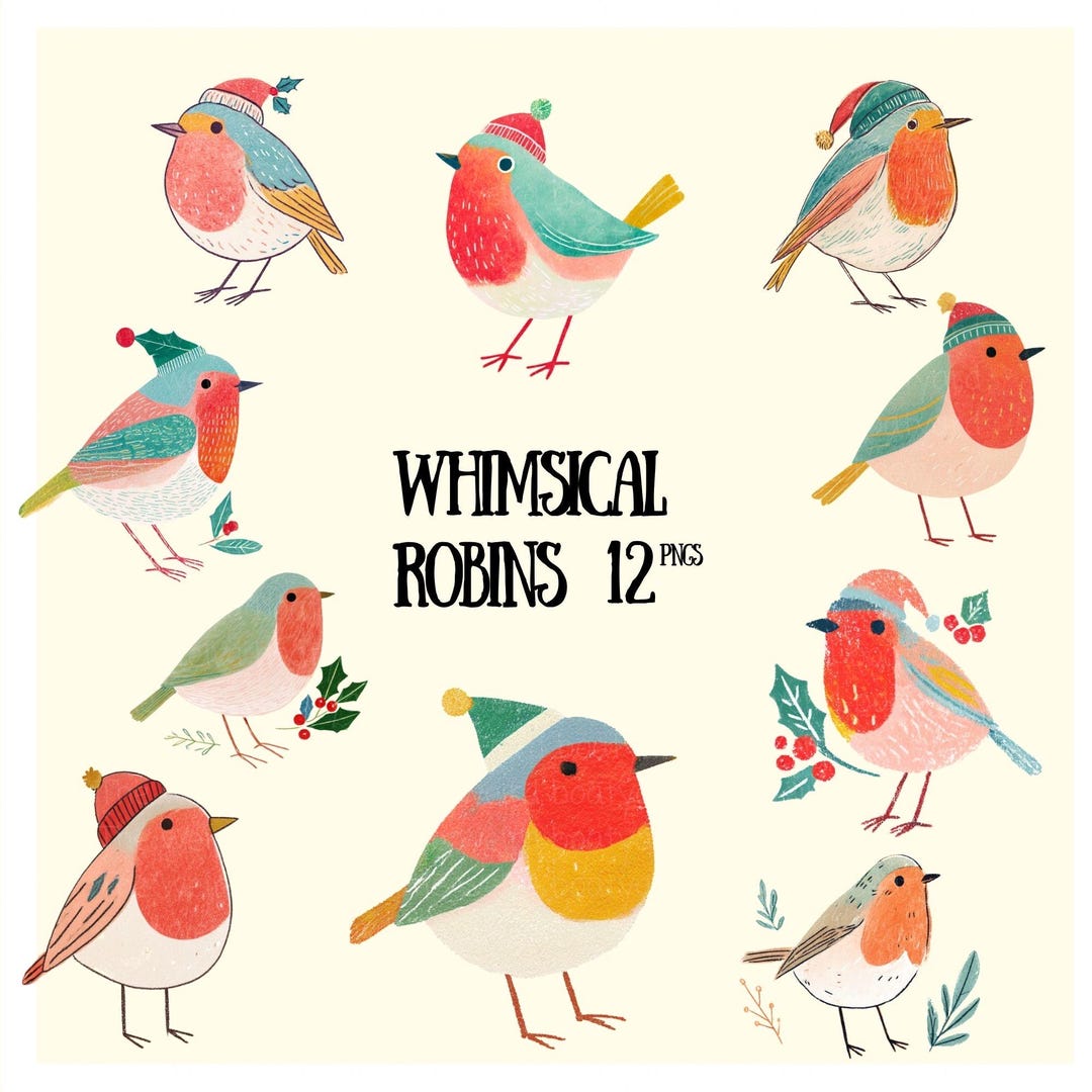 Whimsy Robin Whimsical Winter Robins Clipart PNG Pack (12 Images) - Etsy