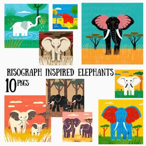 10 Risograph inspirierte Elefanten Clipart-Bilder, bunte Retro digitale Kunst, Elefant-Designs, Elefant PNG-Grafiken, DIY Naturkarten