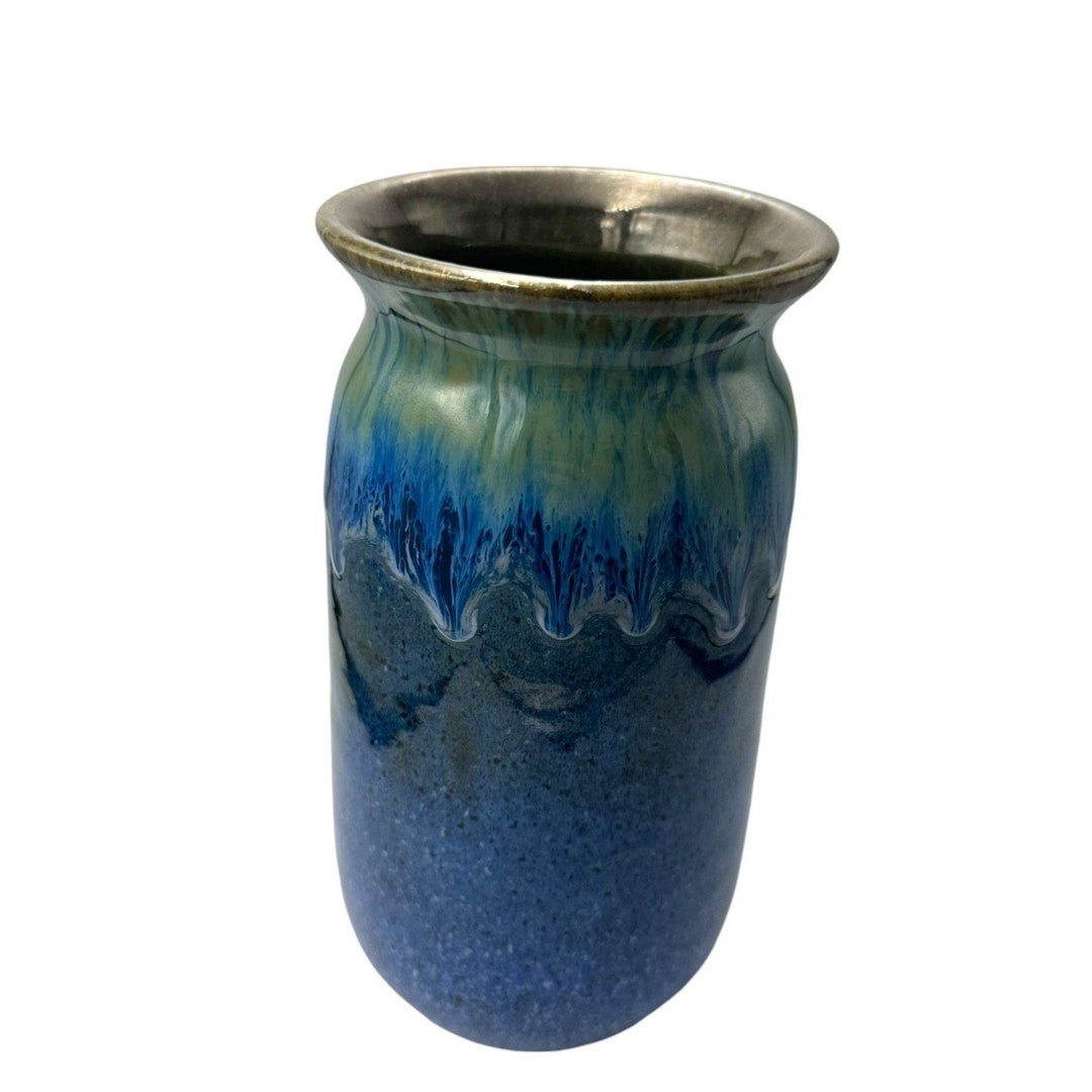Vintage Pottery Blue Vase Drip Effect Signed - Etsy
