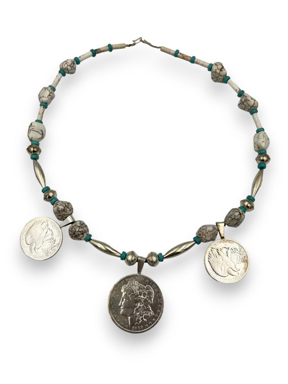 Vintage Turquoise and White Buffalo Silver Dollar… - image 1