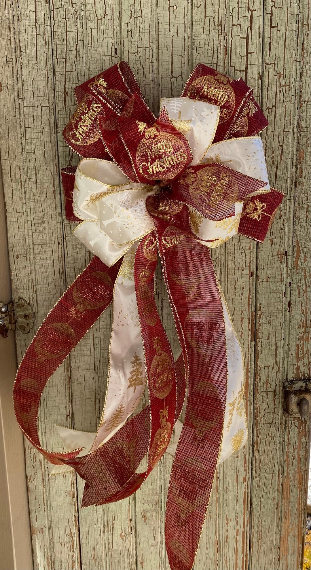 Christmas/holiday Bow Gold White Christmas Tree Bow Wreath Etsy UK