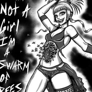 Könnte beinhalten: Eine Schwarzweißillustration einer Frau mit einem Bienenschwarm in ihrem Torso. Der Text "I'm not a girl I'm a swarm of bees" steht auf der linken Seite des Bildes.