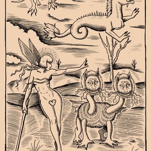 May include: A black and white illustration of a winged fairy holding a sword, facing a two-headed, furry creature.  A winged dragon and a sea serpent are in the background. The text "Weed Killer" is at the bottom of the image.