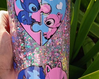 Blue Alien & Island Friends Snow Globe Tumbler Blue Pink Cup