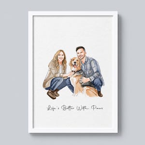Custom Watercolor Pet & Owner Portrait, Couple Portrait With Pet, Dog Portraits, Anniversary Gift for Him, Cat Portraits, Pet Memorial Art