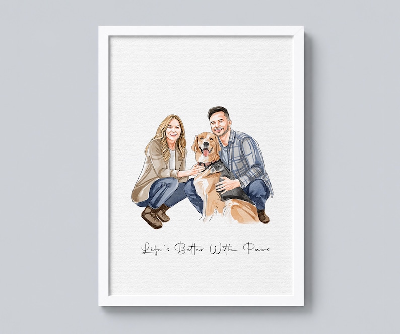 Custom Watercolor Pet & Owner Portrait, Couple Portrait With Pet, Dog Portraits, Anniversary Gift for Him, Cat Portraits, Pet Memorial Art