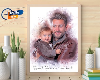 Könnte beinhalten: Ein Aquarellbild von einem Vater und seinem Sohn. Der Vater hält den Sohn in seinen Armen. Der Vater lächelt und der Sohn schaut in die Kamera. Der Text "Papa! Du bist der Beste" steht unter dem Bild.