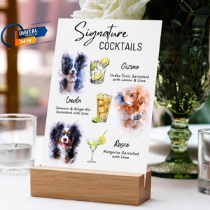 Enseigne pour boisson personnalisée pour chien | Carte des boissons exclusives pour animaux de compagnie | Bar de mariage | Signe de boisson pour animaux de compagnie | Signe de menu de bar boisson signature cocktail chien