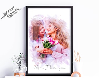 Personalized wall art mothers day gift from daughter | Mom gift for her birthday | Watercolor family portrait from photo | Best Mum Gift
