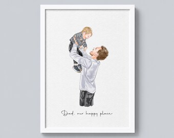 Könnte beinhalten: Ein gerahmter Aquarelldruck zeigt einen Vater, der ein Kind in die Luft hebt. Der Vater trägt ein weißes Langarmhemd und eine schwarze Hose. Das Kind trägt ein kariertes Hemd und eine schwarze Hose. Der Text "Dad, our happy place" steht unten.