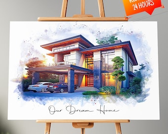 Portrait de maison unique - Peinture à l'aquarelle, Cadeau de pendaison de crémaillère, Cadeau pour une nouvelle maison, Peinture de maison, Portrait de maison, Cadeau de clôture pour agent immobilier